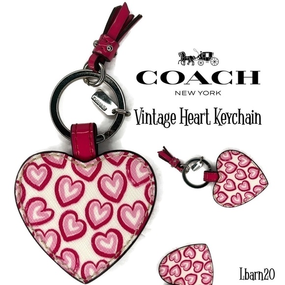 Coach Heart Pink White Leather Vintage Keychain Fob Charm Rare HTF F68561 - Picture 1 of 5